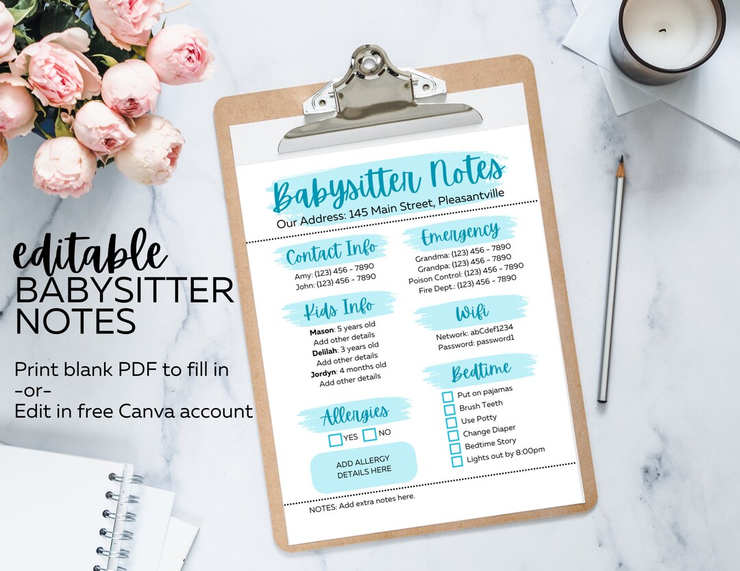 Babysitter Notes Sheet Printable &amp; Editable File - Etsy