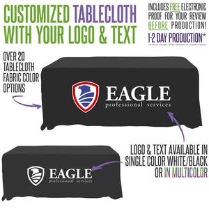 May include: A black rectangular tablecloth featuring a custom logo and text. The logo displays a stylized eagle head inside a shield, accompanied by the text EAGLE professional services. The design is available in white, black, or multicolor.
