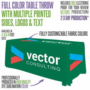 May include: A green table throw with the text "vector CONSULTING" in white. The throw has multiple printed sides, logos, and text. Available in 4, 6, and 8-foot sizes. Includes free electronic proof and 2-3 day production.