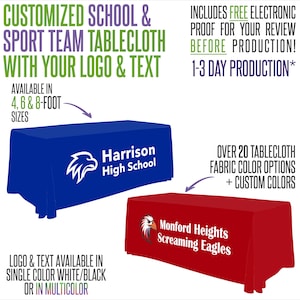 May include: Two custom printed tablecloths for school sports teams. The blue tablecloth features a white eagle logo and the text "Harrison High School". The red tablecloth features a white eagle logo and the text "Monford Heights Screaming Eagles".