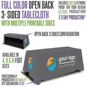 May include: A gray, 3-sided tablecloth with an open back. The tablecloth is available in 4, 6, and 8-foot sizes. It features a customizable logo area with the text "your logo" and "your text & slogan".