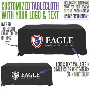 May include: A black rectangular tablecloth featuring a custom logo and text. The logo displays a stylized eagle head inside a shield emblem next to the text EAGLE professional services. The design is available in white or multicolor options.