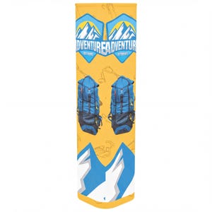 May include: A yellow tubular neck gaiter featuring a repeating pattern of blue backpacks and mountain icons. The text ADVENTURE OUTDOORS is printed in white within blue shield-shaped emblems. The design includes white mountain silhouettes at the base.