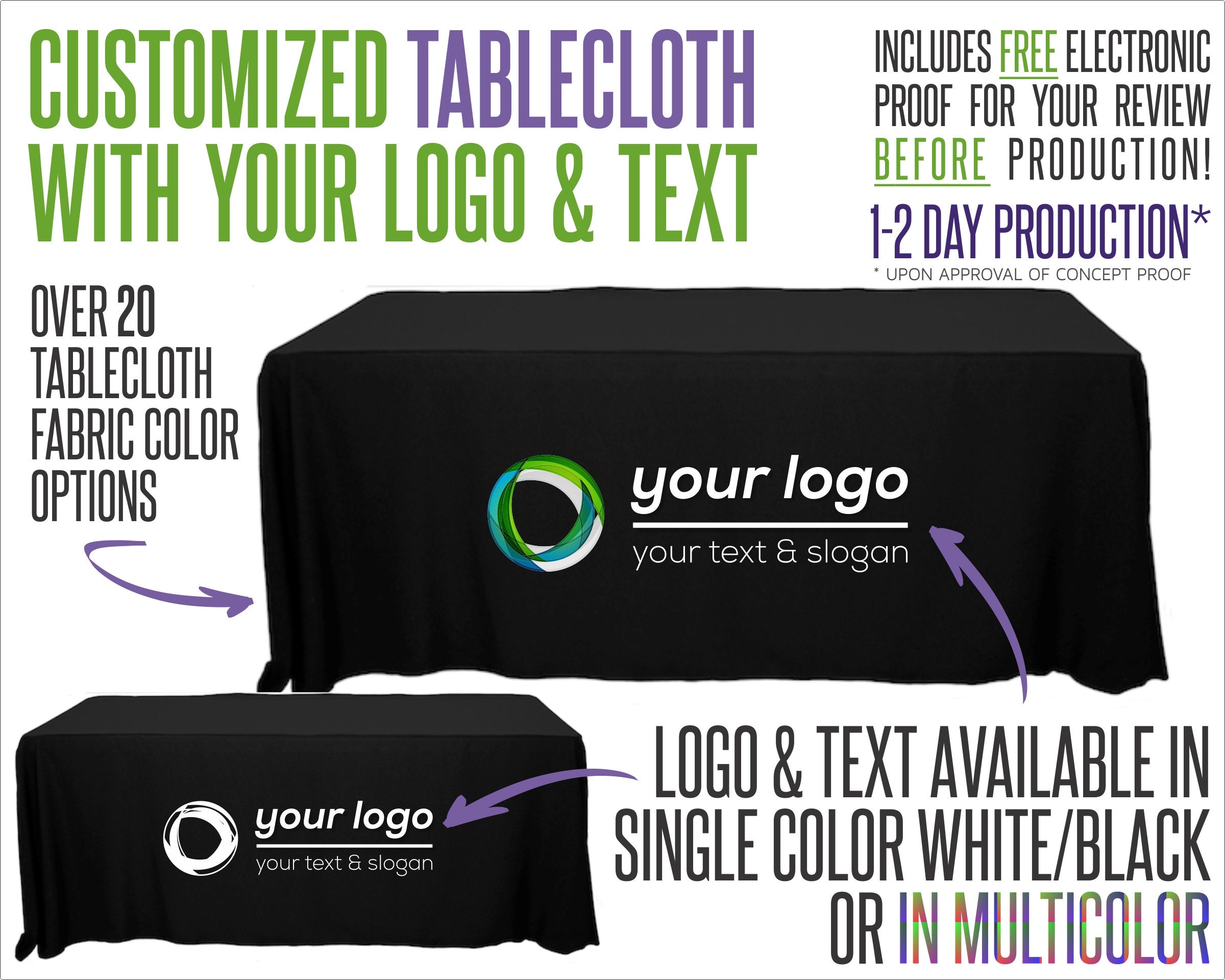 Your Logo Tablecloth  With Logo and Fabric Color Options