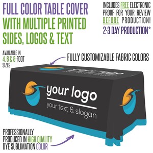 May include: A black table cover with a teal trim, featuring the text "your logo" and "your text & slogan" in white. The cover is available in 4, 6, and 8-foot sizes and is fully customizable with dye sublimation color.