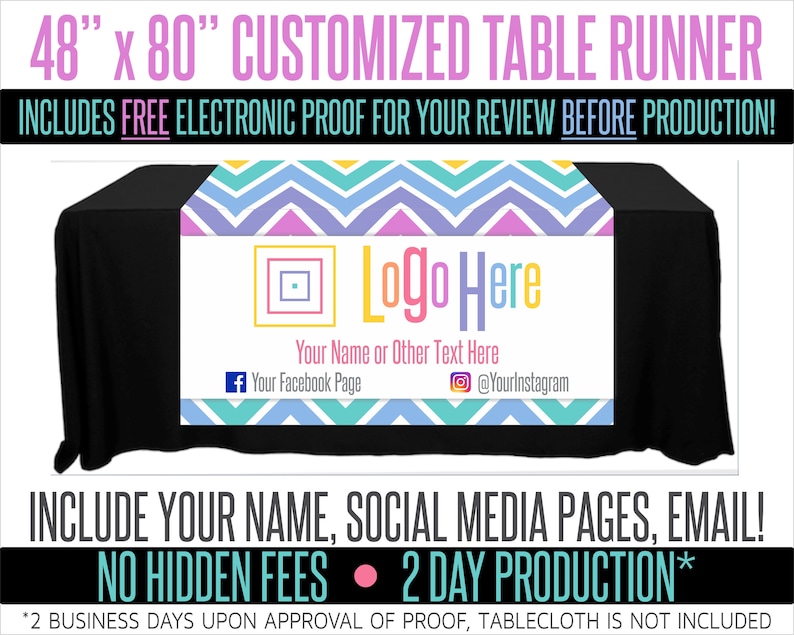 Full Color Table Runner with Your Logo in a Chevron Style Background 48 x 80 LLR Styling image 1
