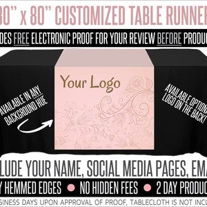 30" x 80" Full Color Table Runner with Your Logo - Scrolling Floral Background