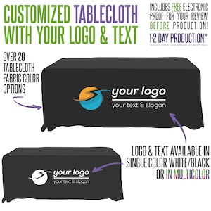 custom tablecloth or table cover with a color or single color logo on  black fabric