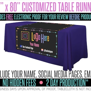 May include: A 48-inch by 80-inch black table runner with a colorful design featuring arrows and a customizable logo area. The text "Logo Here", "Your Name", "Your Facebook Page", and "Your Instagram" is included on the runner.