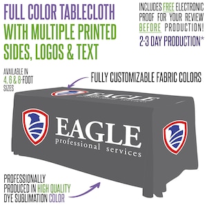 May include: A dark gray rectangular tablecloth featuring the white text EAGLE professional services and a red, white, and blue eagle shield logo on the front and sides. The fabric is fully customizable with printed logos and text.