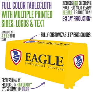 May include: A yellow full-color tablecloth with multiple printed sides, logos, and text. The tablecloth features the "EAGLE professional services" logo and is available in 4, 6, and 8-foot sizes. It is professionally produced in high-quality dye sublimation color.