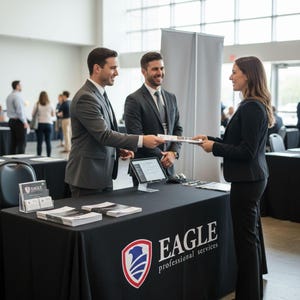 three people in business attire engaged in a conversation at a professional event, with one person handing a document to another. The table in front of them has a sign for "EAGLE professional services".