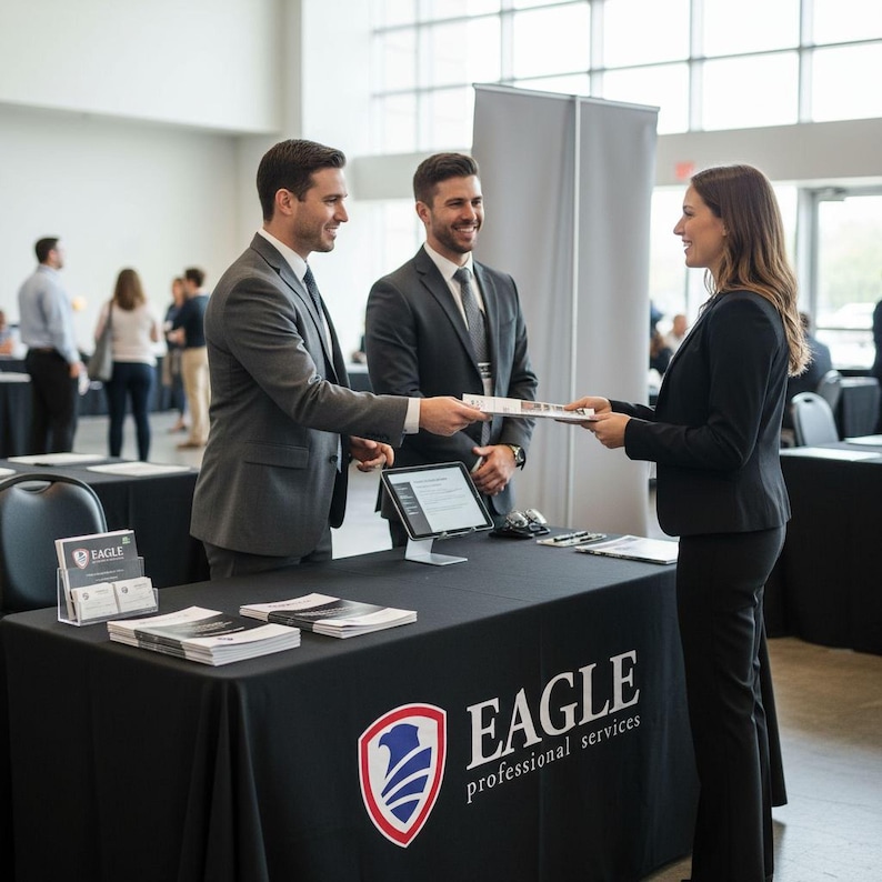 three people in business attire engaged in a conversation at a professional event, with one person handing a document to another. The table in front of them has a sign for "EAGLE professional services".
