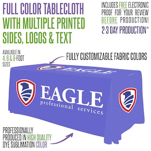 May include: Purple tablecloth with a white "EAGLE professional services" logo and a red, white, and blue eagle graphic on each side. Available in 4, 6, and 8-foot sizes.