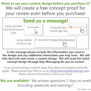 Peut inclure: Graphique vert et blanc avec le texte "Envoyez-nous un message !" et des instructions sur la fa&ccedil;on de contacter un propri&eacute;taire de boutique pour une conception personnalis&eacute;e. Le texte indique &eacute;galement "Nous cr&eacute;erons une preuve de concept gratuite pour votre examen avant m&ecirc;me que vous ne l'achetiez !" et "Nous sommes disponibles ! Nous r&eacute;pondons aux questions 7 jours sur 7 ! Y compris les week-ends et les soirs*. *Heure de l'Est des &Eacute;tats-Unis"
