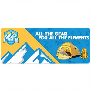 May include: A rectangular banner featuring a yellow and blue mountain graphic, the text "ADVENTURE OUTDOORS" and "ALL THE GEAR FOR ALL THE ELEMENTS," a yellow dome tent, and a yellow backpack against a blue background with faint gear outlines.