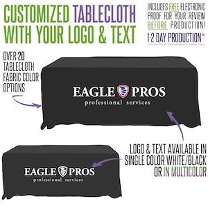 May include: A black rectangular tablecloth featuring the white text EAGLE PROS and the words professional services in a smaller font below. A shield-shaped logo with a red, white, and blue eagle graphic is positioned between the two main words.