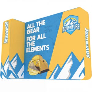 May include: A large, three-paneled trade show display stand featuring a blue and yellow color scheme. The center panel displays the text ALL THE GEAR FOR ALL THE ELEMENTS above a yellow tent graphic. The Adventure Outdoors logo is visible.