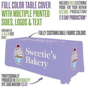 May include: A lavender table cover with the text "Sweetie's Bakery" and cupcake graphics. The cover is available in 4, 6, and 8-foot sizes and is fully customizable with logos and text. It is professionally produced with dye sublimation color.