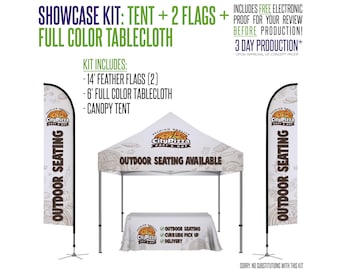 Showcase Kit Package - 10ft Event Tent + 6ft Tablecloth + 2 14ft Feather Flags