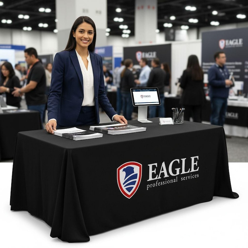 A woman in a navy blue blazer stands behind a table displaying the Eagle Professional Services logo and promotional materials at a trade show or convention.