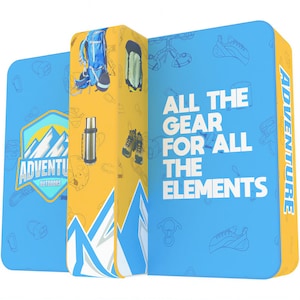 May include: A three-sided display stand featuring a blue and yellow color scheme. The panels display the text "ADVENTURE OUTDOORS" and "ALL THE GEAR FOR ALL THE ELEMENTS" alongside illustrations of a blue backpack, a thermos, and hiking boots.
