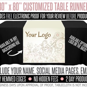 May include: A 30-inch by 80-inch custom table runner with a floral design in pink and brown on a cream background. The text "Your Logo" is printed on the runner. The runner is available in any background hue and includes a free electronic proof before production.  The text "AVAILABLE OPTIONAL LOGO ON THE BACK!" is printed on the black tablecloth.