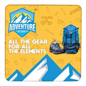 May include: A yellow square graphic featuring a blue mountain logo with the text ADVENTURE OUTDOORS and ALL THE GEAR FOR ALL THE ELEMENTS. A blue hiking backpack and a grey and blue hiking shoe are displayed alongside line art of outdoor gear.
