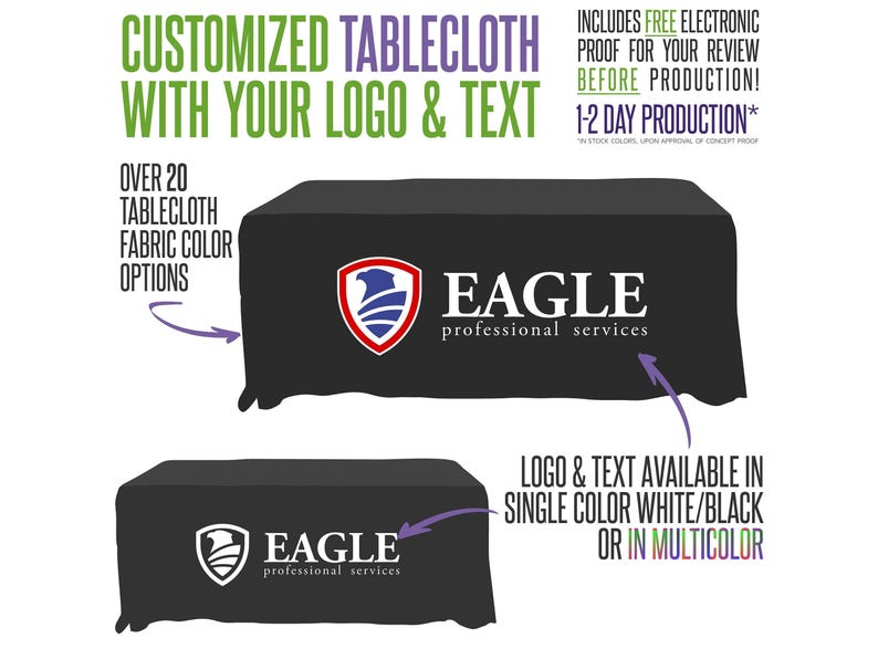 Custom Logo Tablecloth for Trade Shows & Vendor Booths | Business Table Cover | Branded Event Display | 4ft 6ft 8ft Tables | Free Proof image 1