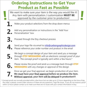 Puede incluir: Una lista de siete pasos para pedir un producto personalizado en Etsy. Los pasos incluyen hacer selecciones de productos, agregar personalizaci&oacute;n, continuar con el proceso de pago, enviar un archivo de logotipo, revisar una prueba de concepto y aprobar el dise&ntilde;o final. El texto enfatiza la importancia de la aprobaci&oacute;n del cliente antes de la producci&oacute;n.