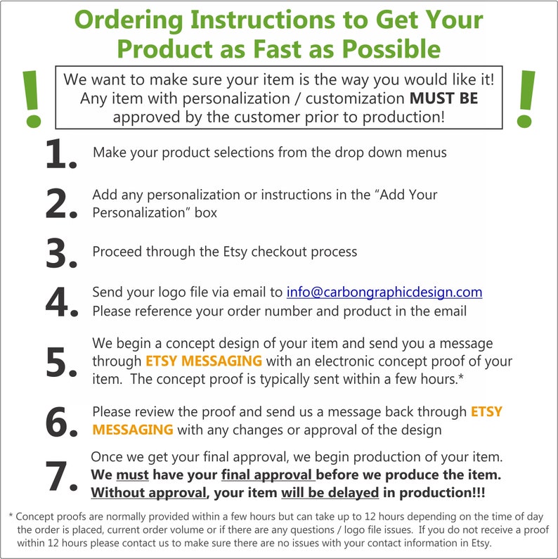 Puede incluir: Una lista de siete pasos para pedir un producto personalizado en Etsy. Los pasos incluyen hacer selecciones de productos, agregar personalizaci&oacute;n, continuar con el proceso de pago, enviar un archivo de logotipo, revisar una prueba de concepto y aprobar el dise&ntilde;o final. El texto enfatiza la importancia de la aprobaci&oacute;n del cliente antes de la producci&oacute;n.
