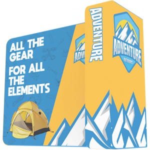 May include: A yellow and blue promotional display stand featuring the text ALL THE GEAR FOR ALL THE ELEMENTS and ADVENTURE OUTDOORS. The design includes a yellow tent graphic, a mountain logo, and a pattern of outdoor equipment icons.