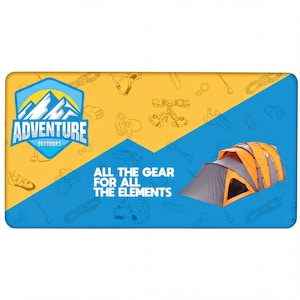 May include: A rectangular banner with a yellow and blue diagonal split background featuring a pattern of climbing gear outlines. It displays the Adventure Outdoors logo, a mountain graphic, and the text ALL THE GEAR FOR ALL THE ELEMENTS.