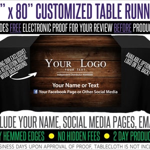 May include: A black table runner with a rustic wood design. The design features the text "YOUR LOGO", "YOUR TEXT", "Independent Distributor #0000000", "Your Name or Text", and "Your Facebook Page or Other Social Media". The table runner is 38 inches by 80 inches.