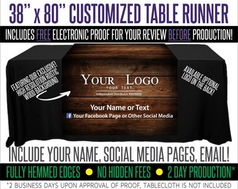 Your Logo Custom Full Color Table Runner - Dark Wood Panel - 38" x 80"