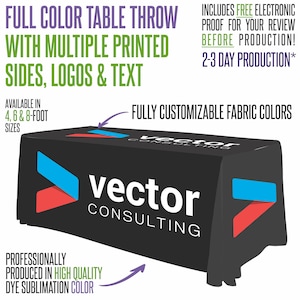 May include: A black table throw with the text "vector CONSULTING" in white. The throw has blue and red accents and is available in 4, 6, and 8-foot sizes. The text "FULL COLOR TABLE THROW" is at the top.