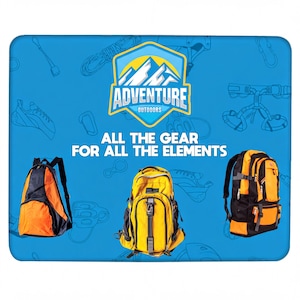 May include: A blue rectangular sign featuring the Adventure Outdoors logo with mountain graphics and the text ALL THE GEAR FOR ALL THE ELEMENTS. Three backpacks in orange, black, and yellow are displayed against a background of line art icons.