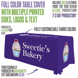 May include: A purple table cover with the text "Sweetie's Bakery" and cupcake graphics. The cover is available in 4, 6, and 8-foot sizes and is professionally produced with dye sublimation color.
