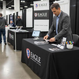 A man in a suit is standing at a table with a laptop, papers, and pens, likely attending a professional event or conference.