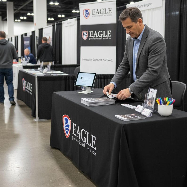 A man in a suit is standing at a table with a laptop, papers, and pens, likely attending a professional event or conference.
