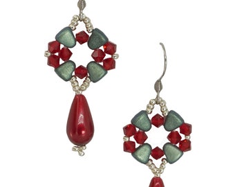 leuchtende rot grüne Tropfen Ohrringe aus Glasperlen und Kristallen