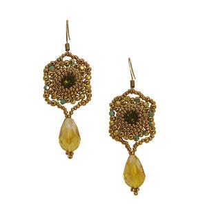 boucles d'oreilles pendantes en tissage de perles vertes et bronze avec goutte de topaze, bijoux fantaisie faits main, vendeur italien cadeau pas cher ami