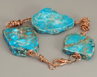 Pulsera étnica de cobre y piedras naturales de turquesa, joyería artesanal, idea de regalo para mujer
