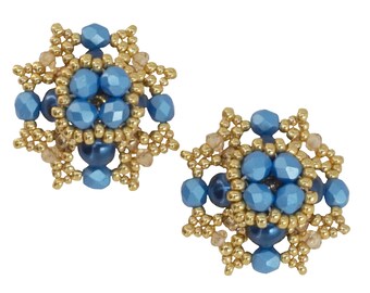 boucles d'oreilles puces en tissage de perles étoiles ou fleurs dorées, bleu clair ou bleues