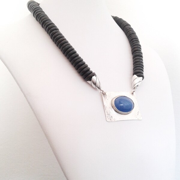Onyx y ónix colgante collar conjunto, ébano, azul Onyx inserción Onyx en plata, collar, collar étnico