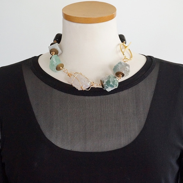 particular artisan necklace with natural fluorite stones, quartz and large black glass pearls, handmade Italian artisan jewellery