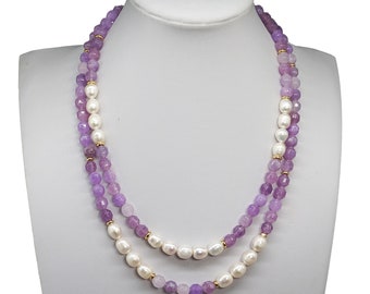 elegante collar de varias vueltas con piedras duras de color rosa lila y perlas blancas de agua dulce, bisutería artesanal hecha a mano en Italia, idea de regalo