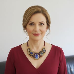 Op de afbeelding: Een vrouw draagt een opvallende ketting. De ketting heeft een centrale ovale blauwe steen, omringd door kleinere blauwe en paarse stenen en goudkleurige accenten. De ketting wordt gedragen bij een rode jurk.