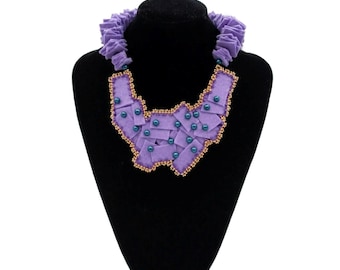 Boho Statement Kette Lila Filz Brustschmuck Geometrisch Blau Glasperlen Hippie Style Geschenk für Frauen