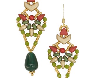 Pendientes colgantes de jade esmeralda de piedra dura natural hechos a mano en tejido de cuentas y cristales rojos, verdes y dorados joyería tizianat